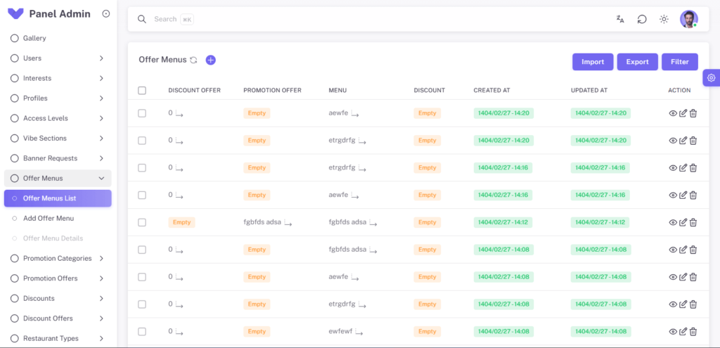 نمونه کار طراحی اپلیکیشن رستوران ویستا - پنل مدیریت ادمین
